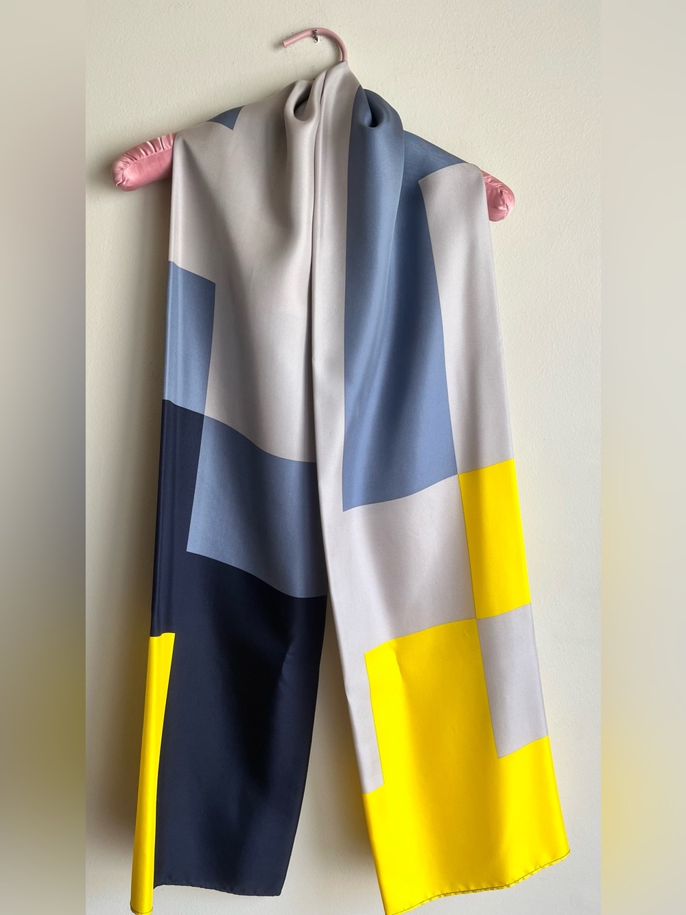 Ann Taylor Navy, Gray, Steel Blue & Yellow 100% Silk Colorblock scarf